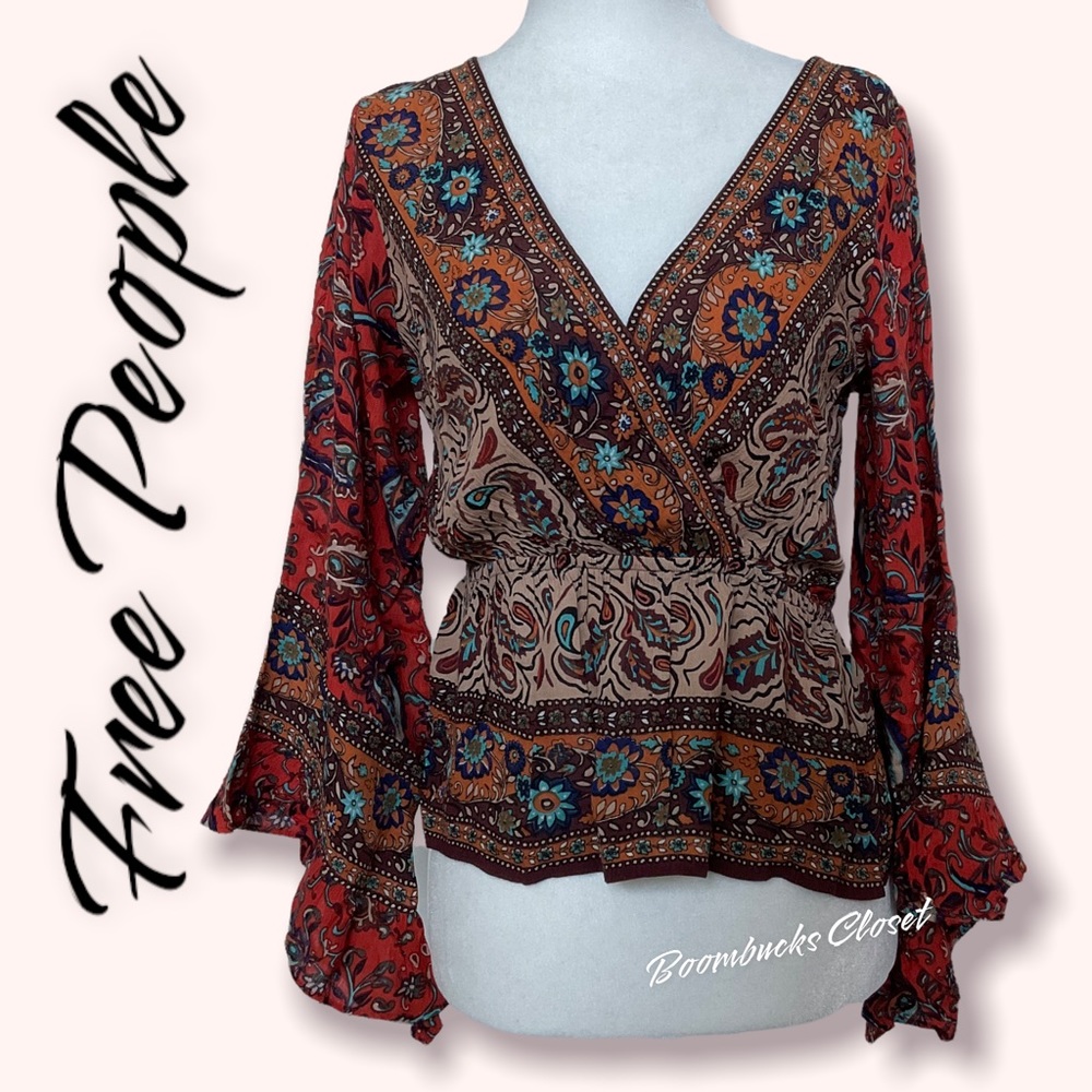 NWT Free People  Boho  Red Combo Wrap Top XS Bell Sleeves, Long Sleeves - Picture 4 of 13